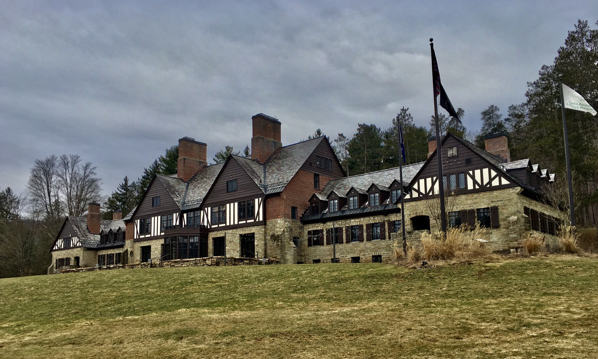 The historic Tudor administration building at Allegany State Park, home of the Red House museum