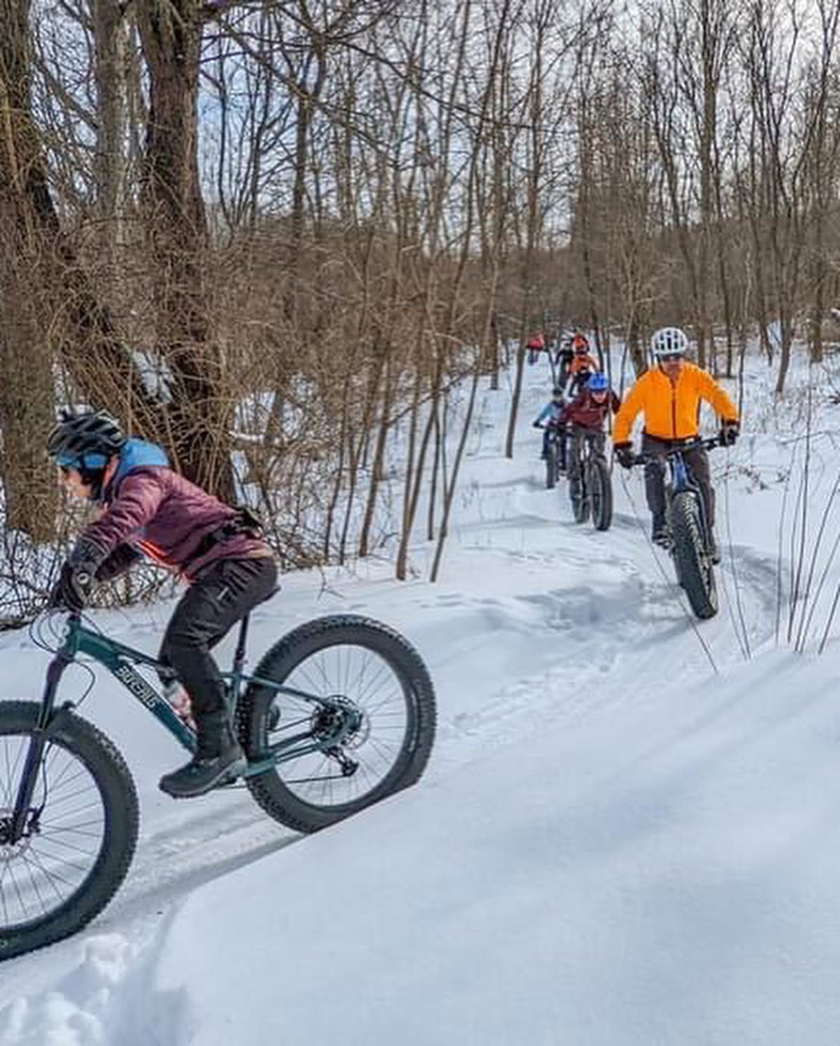 Group of fat bikers riding a groomed snow singletrack trail through bare winter woods