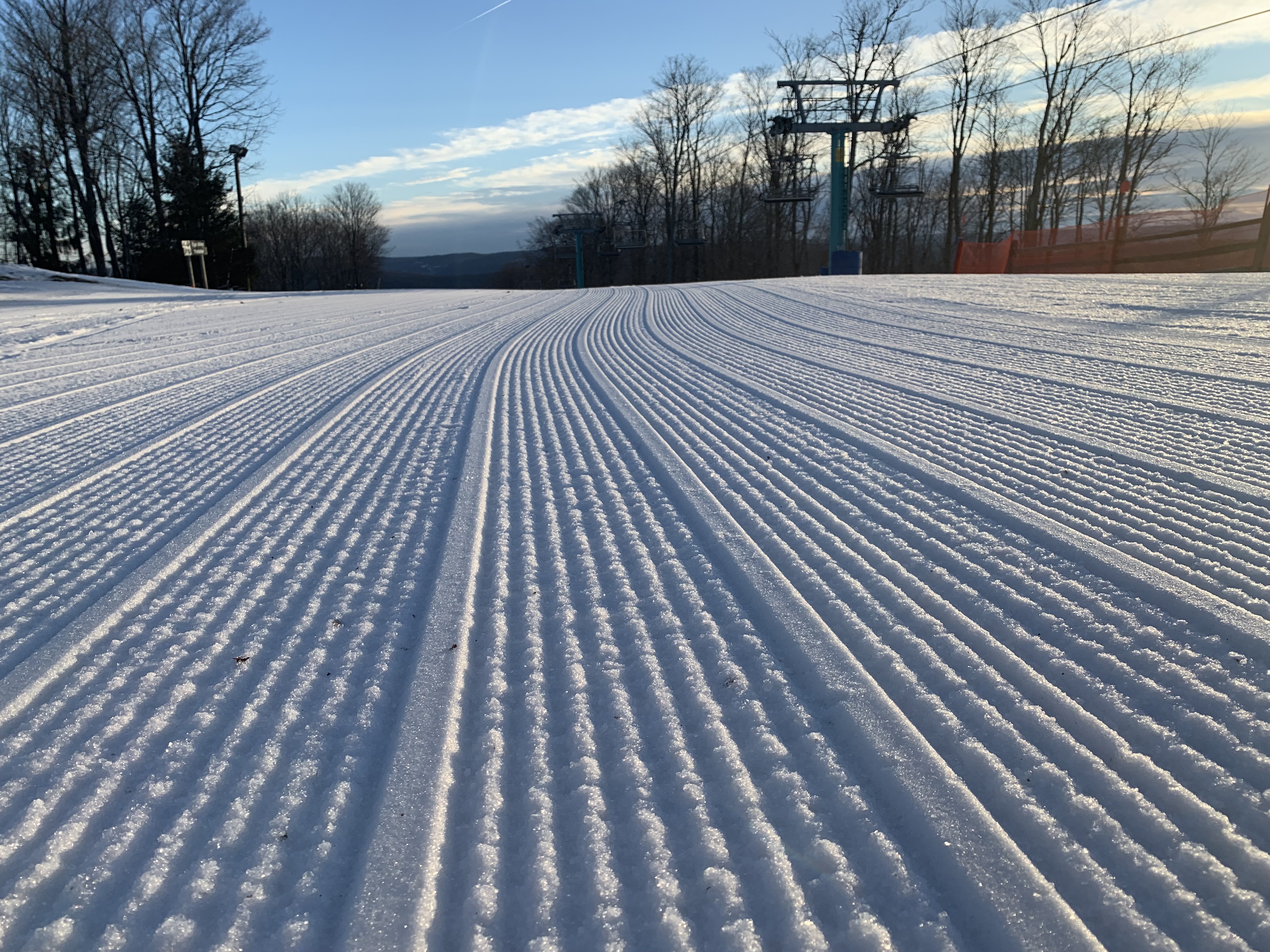 Fresh corduroy grooming on a run at Holiday Valley at dawn